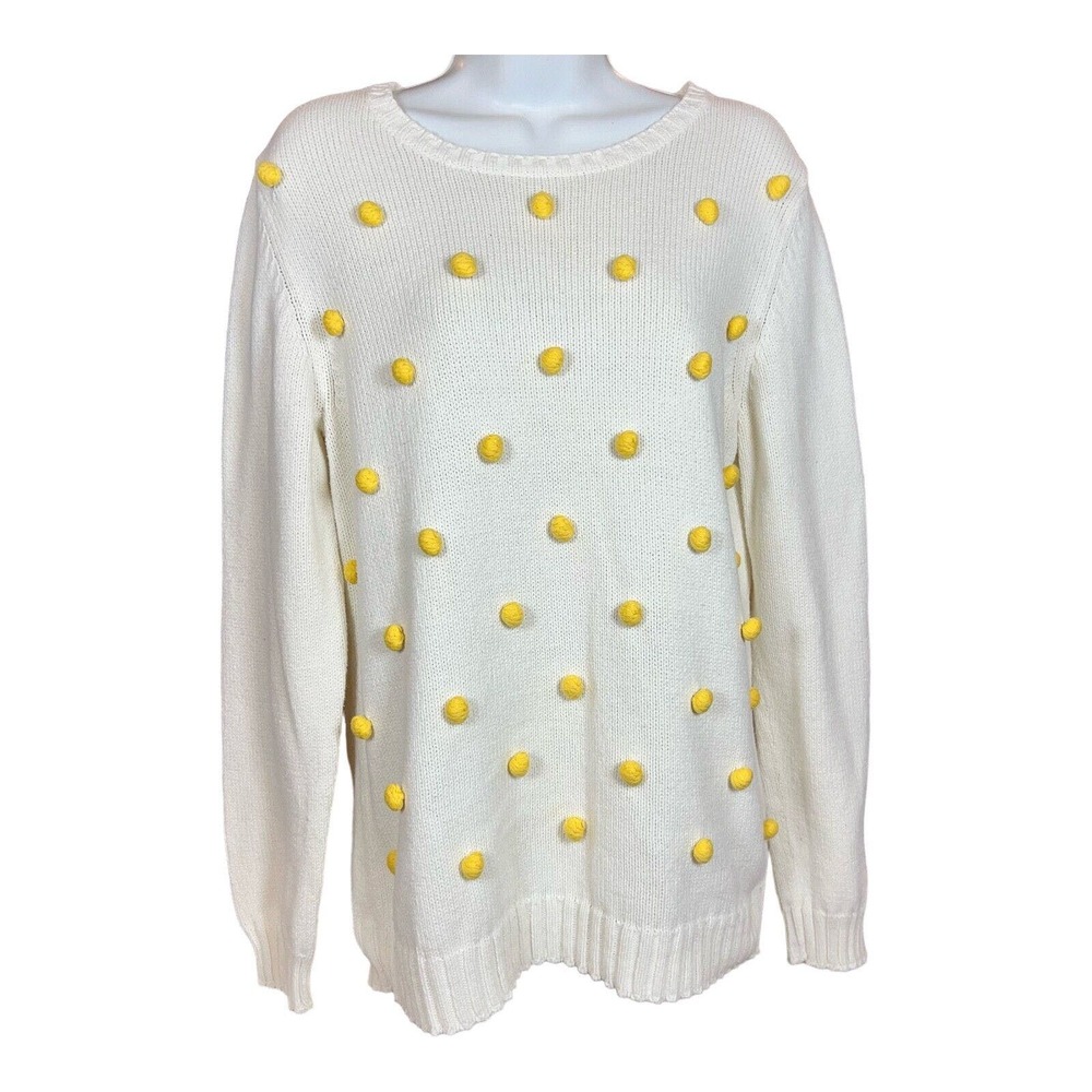Talbots Sweater L Large White Yellow Pom Pom Baubles Zip Back Crewneck Popcorn